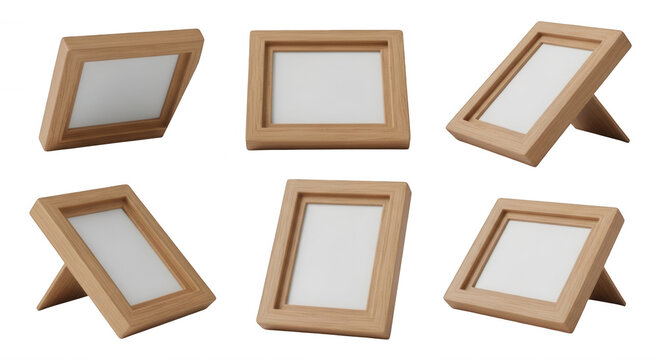 wooden photo frames at different angles ready for pictures with white background presentations or visual content