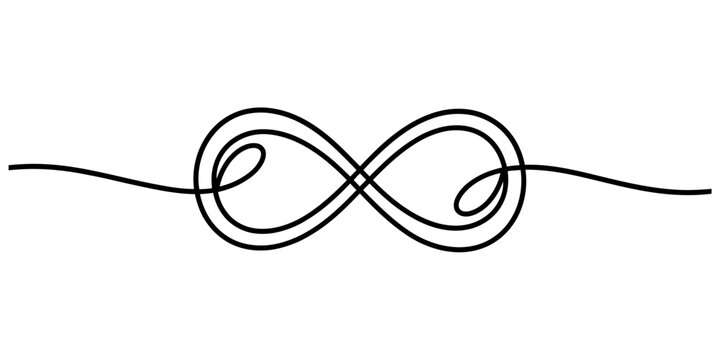 Black infinity symbol drawn with a single continuous hand drawn line in minimalist style