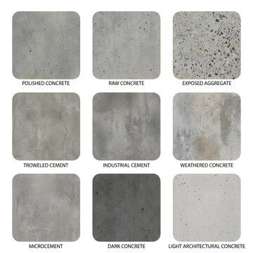 Nine polished and industrial concrete material swatches.