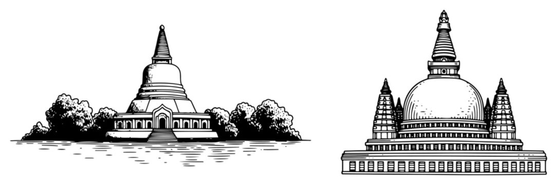 Buddhist stupas and ancient sacred architecture in Sri Lanka vintage engraving style