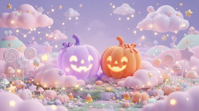 Whimsical pastel halloween scene with cute pumpkins