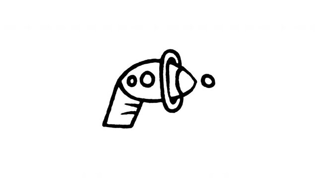 4K hand drawn sci-fi ray gun icon featuring boiling line animation. Frame by frame line art on black and green screen backgrounds for alien blaster, laser gun, space weapon, and retro sci-fi.