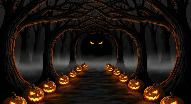 Glowing jack o lanterns lining a dark mysterious forest path for hallowen celebration