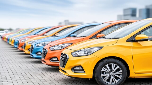 Row of colorful modern compact cars lined up for sale or rental on a paved lot with a cloudy sky