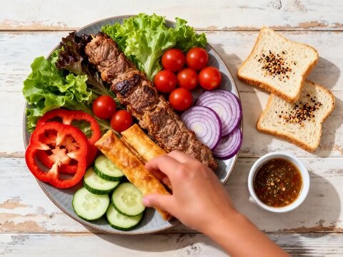 Grilled meat skewer with vegetables and bread