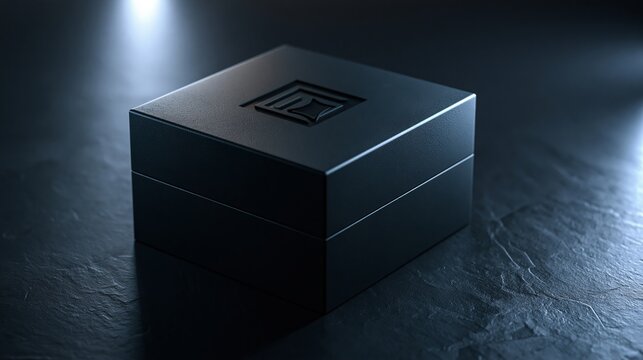 Elegant black box with emblem sits on a dark surface, illuminated by a dramatic blue light, creating a moody atmosphere