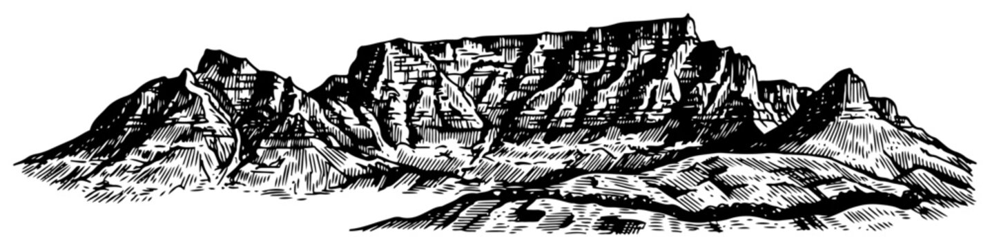 Table mountain range panorama and massive rock formations in vintage engraving style