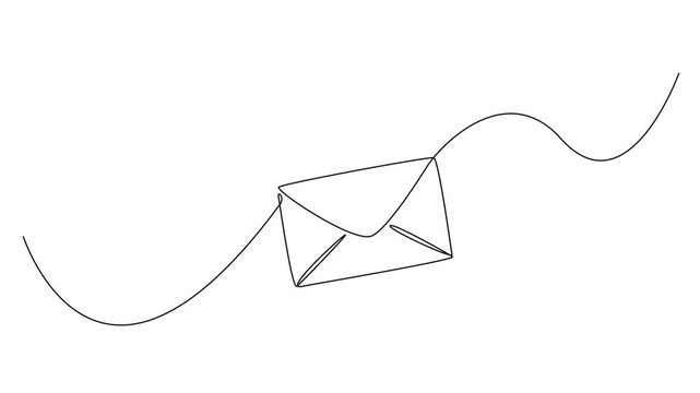 animated minimalist continuous line drawing of a mail envelope, messaging, communication or contact us concepts, line art animation
