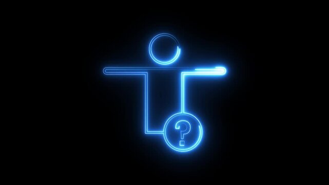 Neon glowing silhouette of person icon with question mark symbol on black background video.