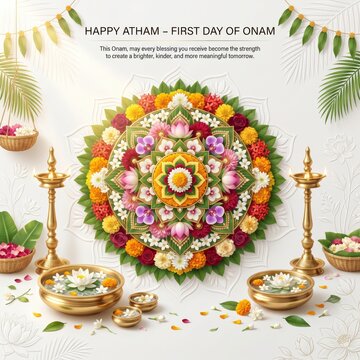 Happy atham first day of onam greeting card featuring a colorful floral pookalam mandala, brass oil lamps, and floating lotus flowers on a white background, with palm leaf decorations