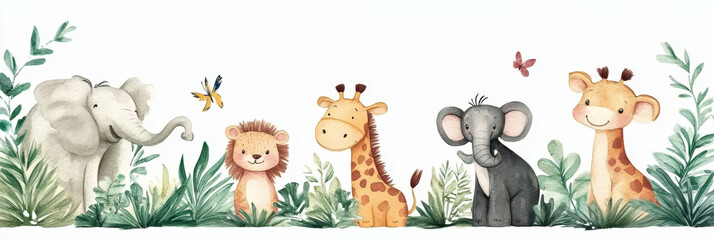 Obraz premium Watercolor Illustration Safari Animal banner background