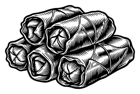Dolma stuffed vine leaves or traditional spring rolls in vintage woodcut style