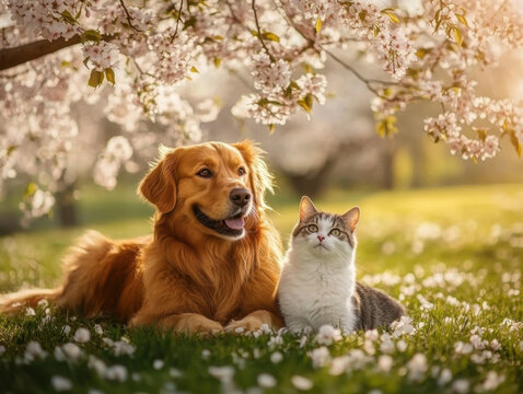 dog and cat sitting together in a spring meadow under a blossoming cherry tree