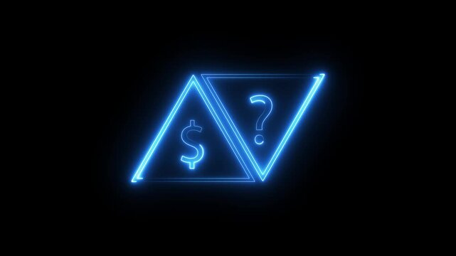 Neon blue light animation featuring dollar symbol and question mark in geometric triangles.