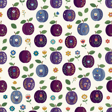 Folk Art Fruit Pattern: A delightful folk art pattern featuring intricately decorated plums and whimsical floral elements on a creamy backdrop. A charming design evoking rustic simplicity.