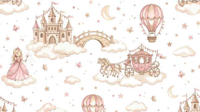 Watercolor fairytale princess castle seamless pattern vector illustration with pink carriage hot air balloon and clouds for nursery wallpaper and little girl birthday decor