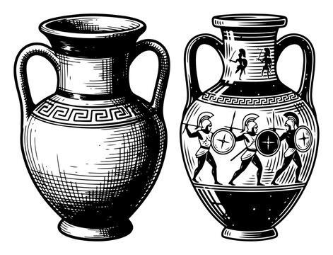 Ancient Greek amphorae vases with classic patterns and warriors in vintage engraving style