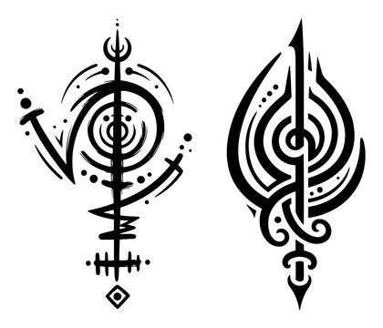 Tribal spiritual symbols with abstract alchemy elements in black geometric vector style