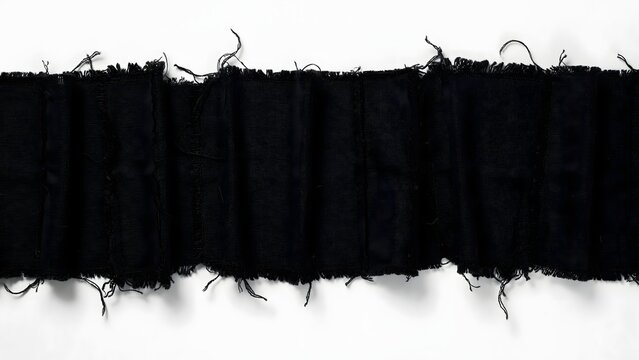 Black fabric strip with frayed edges. Torn textile ribbon isolated on white background.