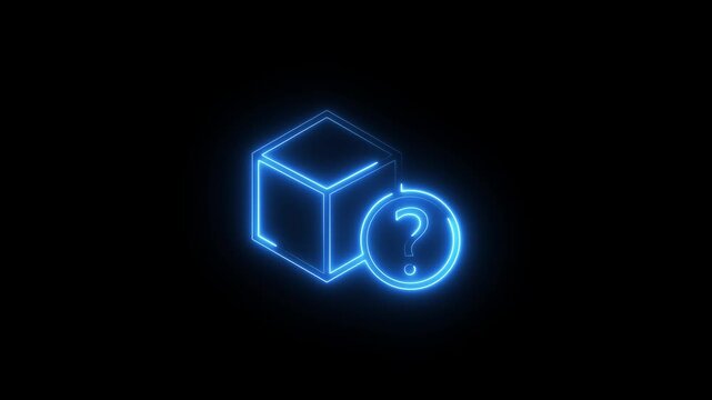 Neon blue outline of a cubic box with a question mark symbol glowing in dark background.