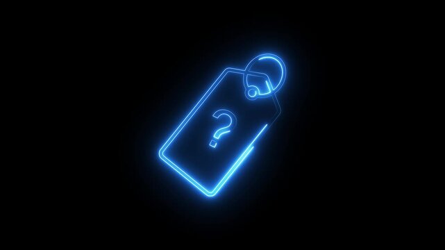 Neon blue outline of shopping tag with question mark symbol glowing on black background.