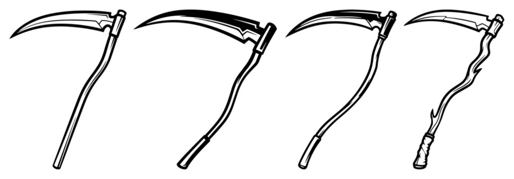 Scythe icons set representing grim reaper tools in black outline vector style