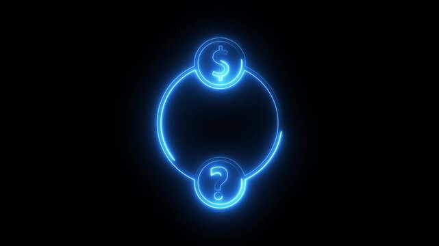 Neon blue animated icon showing connection between dollar sign and question mark on black.