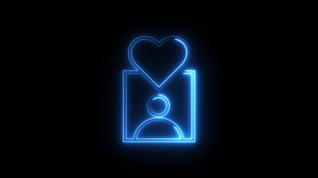 Neon blue heart symbol animation inside square frame featuring user avatar on dark ground.