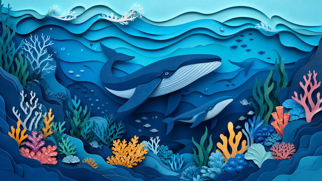 D paper cut style underwater ocean scene with mother and baby whale swimming among colorful coral reef