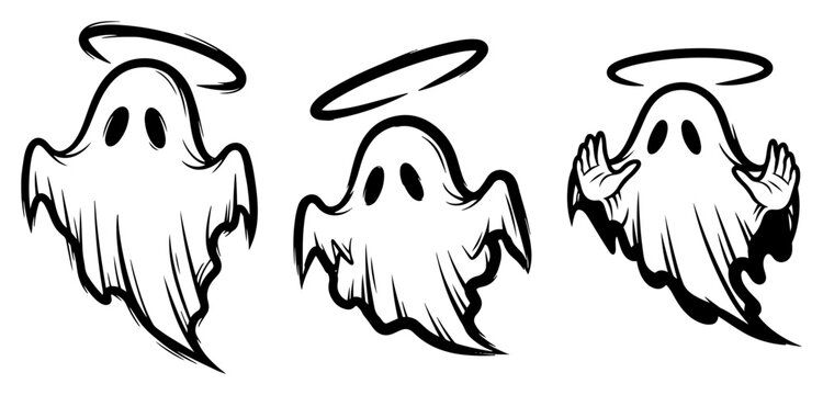 Ghost spirits with halo rings for halloween design in black vector style