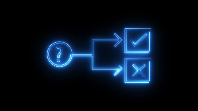 Blue neon decision flowchart animation showing question mark leading to check and cross.