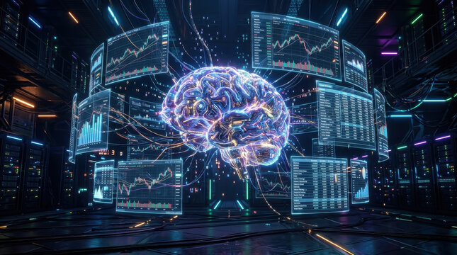 Futuristic digital brain surrounded by financial charts and stock market data, concept of AI in finance and algorithmic trading.
