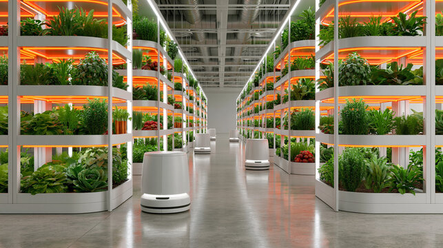 Autonomous agriculture robots moving along aisles between hydroponic shelves in futuristic indoor farm.
