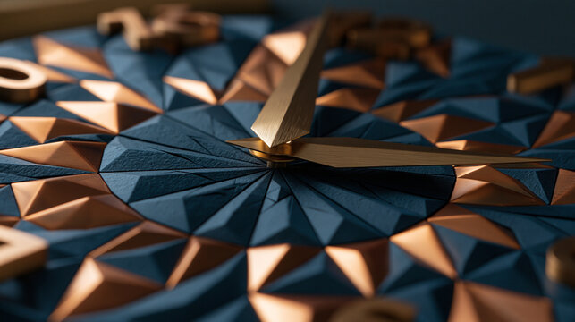 Close up view of modern luxury clock with golden hands and intricate blue geometric pattern dial.