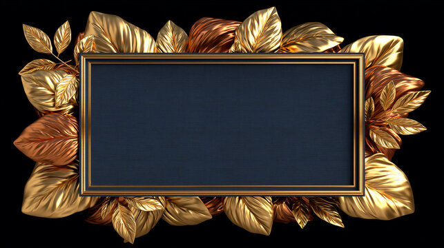 Elegant empty golden rectangular picture frame surrounded by shiny metallic gold and copper leaves on black background.