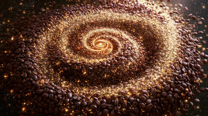 Fototapeta premium Roasted coffee beans swirling in spiral galaxy vortex shape with sparkling golden glitter particles.