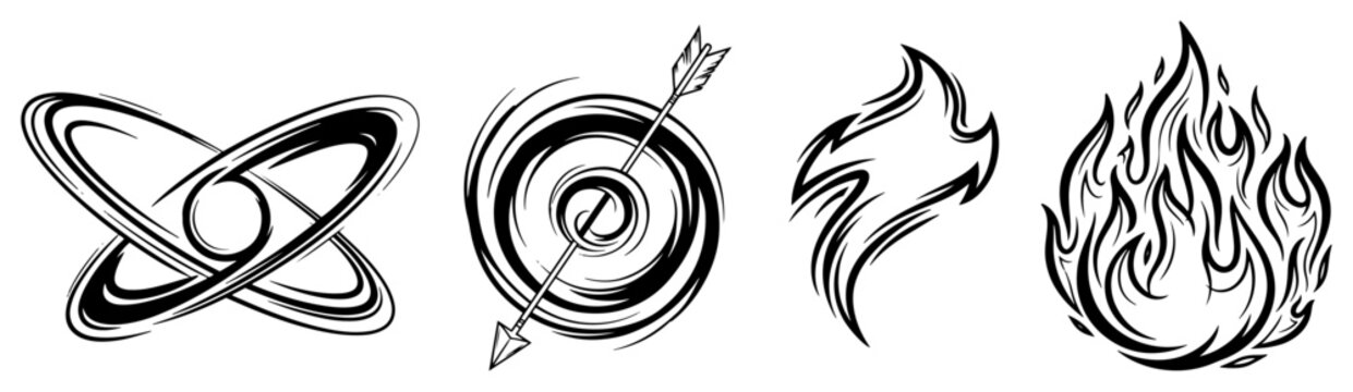 Energy symbols set featuring orbits target and fire flames in black vector style