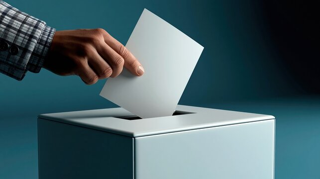 Close up of hand casting a blank ballot into a modern ballot box during election