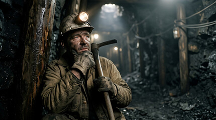 Fototapeta premium Miner with headlamp in underground coal mine.