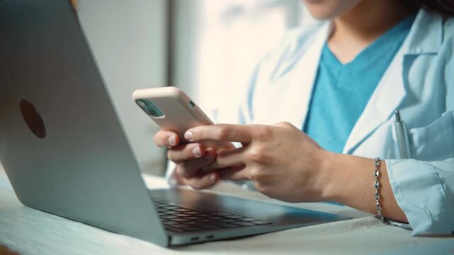 Close-up of an anonymous female nurse's hands using a smartphone while taking a break in her medical office, representing healthcare professionals, mobile technology, workplace downtime, and digital c