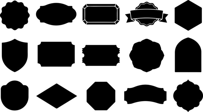 Set of various vintage badge and label silhouettes for branding and decorative design elements on white background