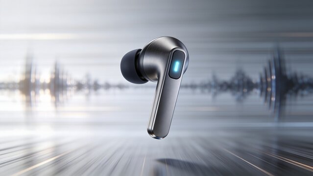 Modern metallic wireless earbud floating over dynamic soundwave motion blur background. Excellent for audio tech promotional materials consumer electronics and music app design.