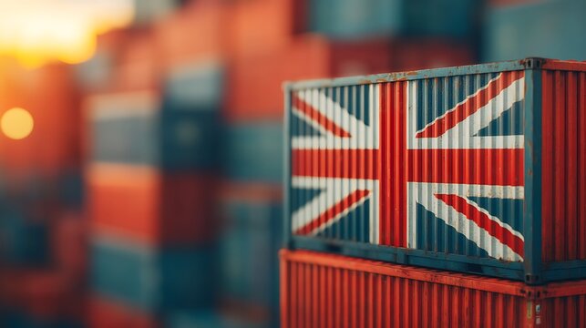 Shipping containers stacked, featuring the Union Jack flag, symbolizing UK trade and logistics during sunset.