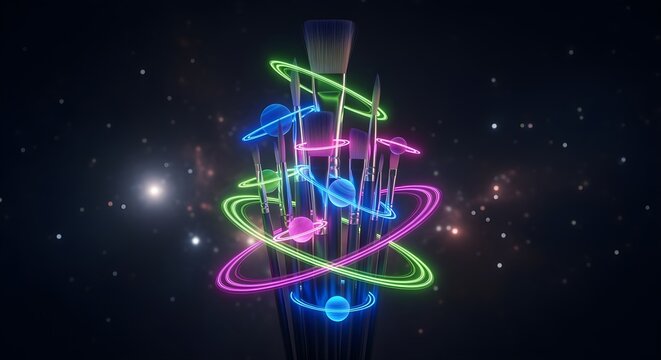 A creatively reimagined version of 3D render of brushes with neon rings orbiting them like planets, emphasizing style, visual interest, and refined wording.