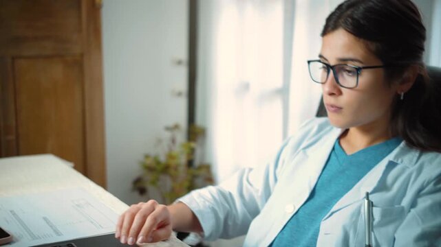 Young Latina female doctor looking frustrated and exhausted from a heavy workload in her medical office, representing professional stress, fatigue, healthcare work, and workplace challenges.
