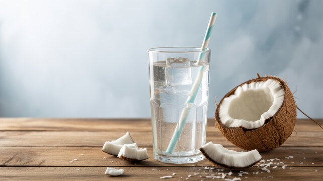 Refreshing coconut water in glass with ice and straw near cut coconut on wooden table.
