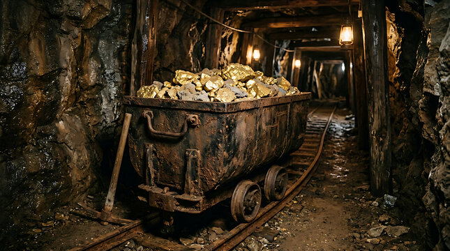 Old mining cart filled with gold ore in dark tunnel.