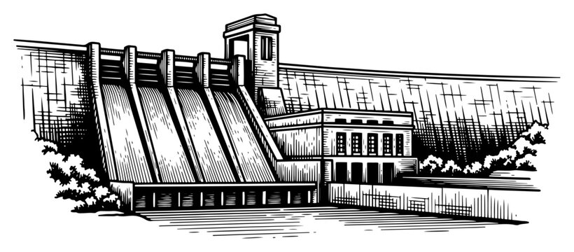 Hydroelectric dam and water reservoir infrastructure in vintage engraving style