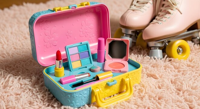 A vivid, atmospheric reinterpretation of retro plastic makeup kit on fluffy pink rug with roller skates in background, written with richer detail and modern clarity.