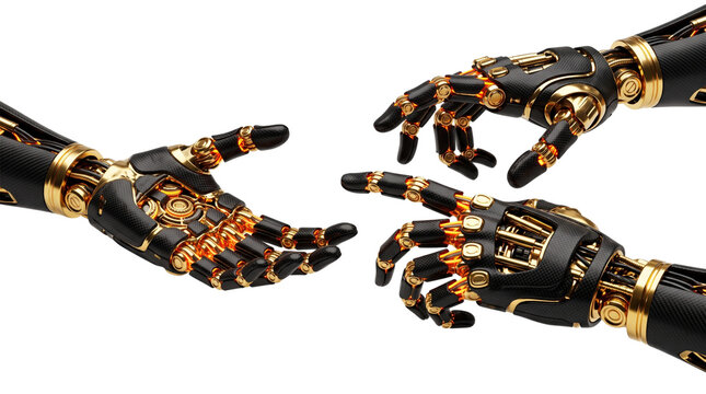 Black and Gold Futuristic Robotic Hands Set Cybernetic Bionic Prosthetic Hands Pointing Reaching Open Palm Gestures 3D Render Isolated on Black Background